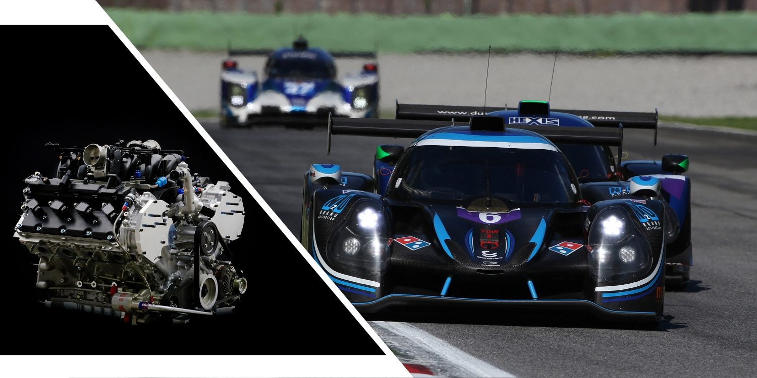 Split image with V8 NISMO racing engine and Ligier JS P3 Nissan race car